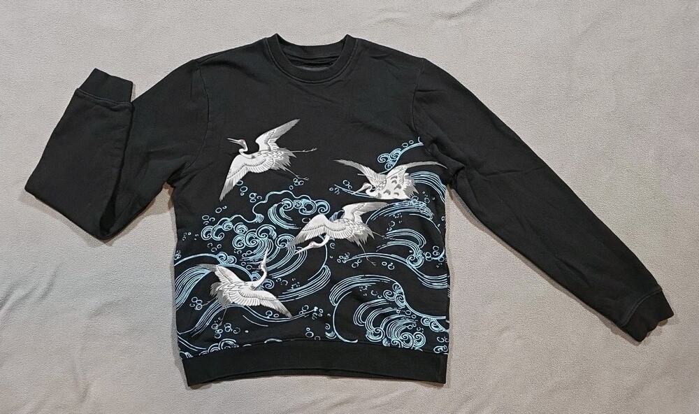 Blind Rooster Men's Black Crewneck Sweatshirt Cranes & Waves Small